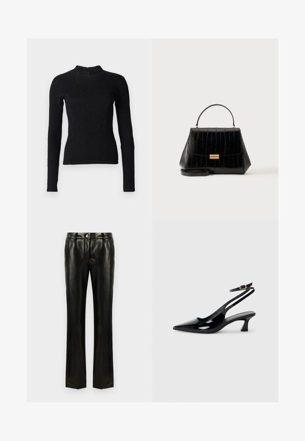 Top noir à manches longues avec une coupe ajustée, en tissu texturé, et un col montant. Dispose d'une fermeture éclair dissimulée dans le dos.; Pantalons droits en simili cuir noir avec fermeture à bouton et à glissière, passants de ceinture et poches latérales, présentés sur un fond blanc.; Escarpins à brides arrière en cuir verni noir, à bout pointu, avec un petit talon carré et une sangle de cheville ajustable dotée d'une boucle dorée.; Sac à main en cuir noir avec poignée supérieure, fermoir doré et bandoulière amovible sur un fond clair uni.