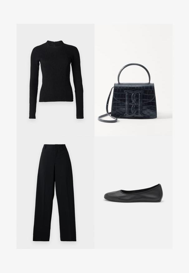 Top noir à manches longues avec une coupe ajustée, en tissu texturé, et un col montant. Dispose d'une fermeture éclair dissimulée dans le dos.; Pantalons noirs taille haute à larges jambes avec bouton et fermeture éclair, passants de ceinture et finition en tissu lisse et propre.; Ballerines en cuir noir avec un bout rond, texture lisse, détails de couture minimalistes et design de semelle flexible.; Sac à main en cuir noir embossé en crocodile avec un design structuré, une poignée supérieure, une bandoulière ajustable et un détail de logo en avant bien visible.