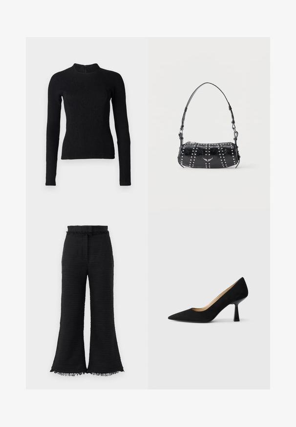 Top negro de manga larga con un diseño ajustado, tejido texturizado y un cuello alto. Cuenta con una cremallera oculta en la parte de atrás para el cierre.; Pantalones de pierna ancha negros con tela texturizada, dobladillo deshilachado y cinturilla elástica. El diseño presenta un acabado suave y un ajuste relajado.; Zapato de tacón alto de ante negro con punta afilada, que cuenta con un tacón de bloque negro brillante y un forro interior suave.; Bolso de hombro de charol negro con tachuelas plateadas dispuestas en filas verticales y un pequeño emblema plateado de pájaro en el centro frontal.