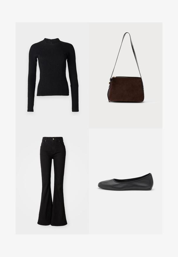 Top noir à manches longues avec une coupe ajustée, en tissu texturé, et un col montant. Dispose d'une fermeture éclair dissimulée dans le dos.; Jean noir évasé en denim, avec une taille haute, fermeture à bouton et design classique à cinq poches. Texture lisse et couleur uniforme.; Ballerines en cuir noir avec un bout rond, texture lisse, détails de couture minimalistes et design de semelle flexible.; Sac à main en daim brun foncé avec une sangle texturée noire à motif crocodile et des côtés assortis, équipé d'une fermeture éclair et d'un fermoir dorés.