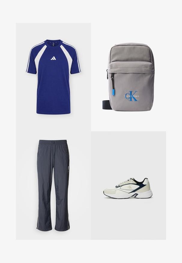 Camiseta deportiva azul y blanca de manga corta con cuello redondo y logo de Adidas en el centro delantero.; Pantalones de chándal ligeros en azul marino con cintura elástica, bolsillos laterales y franjas blancas en los costados. Textura suave.; Zapatilla deportiva en crema y azul marino, con parte superior de malla, suela acolchada y acentos contrastantes. Logo visible en el lateral.; Pequeño bolso cruzado gris de Calvin Klein con bolsillo frontal con cremallera, correa negra y logotipo azul "cK" bordado.