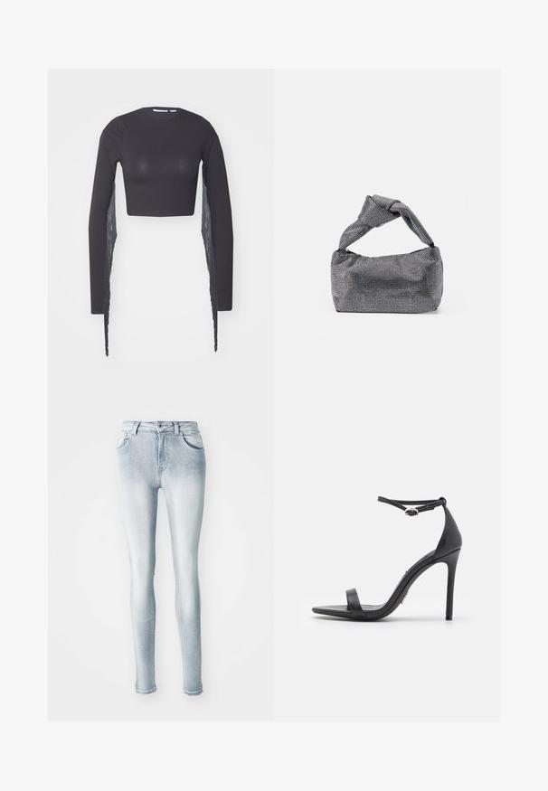 Čierny crop top s dlhými rukávmi, ktorý má čipkovanie po jednej strane, vyrobený z hladkej, elastickej tkaniny.; Svetlo modré slim džínsy vyrobené z denimu, s vysokým pásom, piatimi vreckami a miernym zosvetlením pozdĺž stehien. Opravený detail na leme.; Čierne sandále na vysokom podpätku s otvorenou špičkou, tenkými remienkami a prackou na členku. Hladká kožená textúra s dizajnom so špicatou špičkou.; Čierna a strieborná kabelka s textúrovaným povrchom so vzorom diamantov, s uzlovou rukoväťou a štruktúrovaným tvarom.