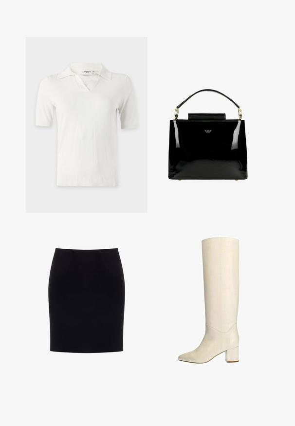 Haut tricoté blanc à manches courtes avec un col et une encoche en forme de V au niveau de l'encolure, présenté sur un fond uni.; Jupe crayon noire, longueur genou, avec une taille ajustée et un tissu lisse et uni, présentée sur un fond blanc.; Botte en cuir blanc à hauteur de genoux, avec un bout pointu et un talon large. Texture lisse et détails de couture minimaux, offrant une silhouette élégante.; Sac à main en cuir verni noir avec un design structuré, comportant une poignée supérieure, des accents en métal doré et un petit rabat à l'avant.