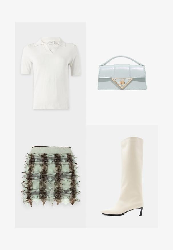 Haut tricoté blanc à manches courtes avec un col et une encoche en forme de V au niveau de l'encolure, présenté sur un fond uni.; Jupe froncée vert menthe avec un design en cage, ornée de motifs à carreaux marron et de bords effilés. Taille élastique pour un bon ajustement.; Botte blanche hauteur genou en matériau lisse avec un bout pointu et un talon noir fin. Présente un design épuré et un marquage minimal.; Petit sac à main bleu clair avec poignée supérieure et fermoir triangulaire doré sur le rabat avant, présenté sur fond blanc.