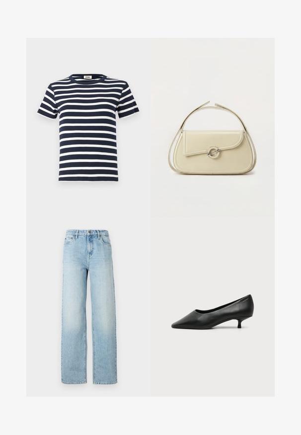 Marineblaue und weiße gestreifte T-Shirt aus Rippstoff, mit rundem Halsausschnitt und kurzen Ärmeln. Das Design betont die horizontalen Linien.; Hellblaue Jeans im weit geschnittenen Stil mit einem klassischen Fünf-Taschen-Design, Knopfverschluss und subtilen Ausbleichungen für Textur.; Schwarzer Leder-Damenschuh mit niedrigem Absatz, spitzer Schuhspitze und kleinem Kittenabsatz auf schlichtem hellem Hintergrund.; Cremefarbene Ledertasche mit geschwungener Klappe, rundem silbernem Verschluss und kurzem Tragegriff vor einfachem weißem Hintergrund.