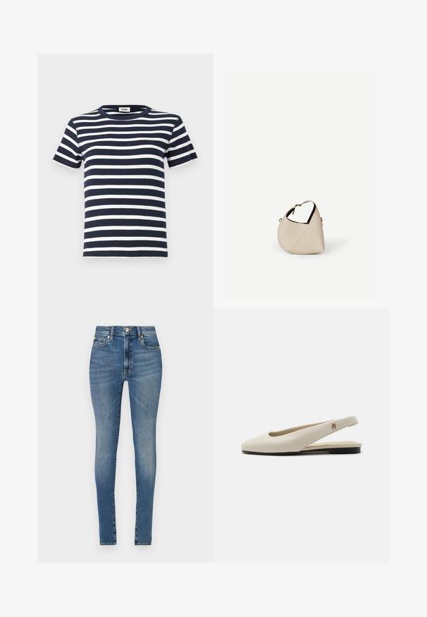 Marineblauwe en witte gestreepte t-shirt gemaakt van ribgebreid materiaal, met een ronde halslijn en korte mouwen. Het ontwerp benadrukt horizontale lijnen.; Hoge taille skinny jeans in lichtblauwe denim, met vijf zakken, riemlussen en een rits met knoopsluiting.; Crèmekleurige leren slingback platte schoen met ronde neus en klein gouden embleem op het bandje.; Beige leren handtas in halvemaanvorm met een enkele schouderband en minimale stiksels, afgebeeld tegen een effen witte achtergrond.