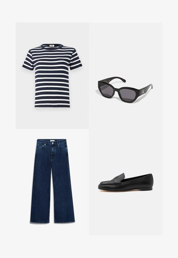 Marineblauwe en witte gestreepte t-shirt gemaakt van ribgebreid materiaal, met een ronde halslijn en korte mouwen. Het ontwerp benadrukt horizontale lijnen.; Luxe-wijd denim jeans in donkerblauw met een licht vervaagde afwerking, vijf zakken, knoopsluiting en riemlussen.; Zwarte leren loafer met lage hak, gestikte details en een klein metalen accent op de bovenkant.; Zwarte zonnebril met een strak, hoekig ontwerp, donkere lenzen en een contrasterend zilveren logo aan de zijkant. Glad kunststof oppervlak.