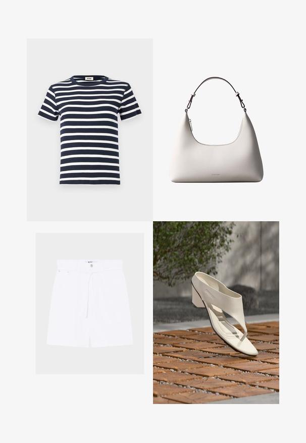 Mørkeblå og hvid stribet t-shirt lavet af ribbet stof, med en rund hals og korte ærmer. Designet fremhæver vandrette linjer.; Hvide shorts med høj talje med knap foran og snøre, med bæltestropper og sidelommer på en ensfarvet baggrund.; Hvid læderhæl sandal med bred rem og tåpost, vist udendørs på en overflade med træ og grusfliser med grønt i baggrunden.; Cremefarvet skuldertaske i læder fra Calvin Klein med buet topkant, sølvfarvet lynlås og mørkebrun justerbar rem.