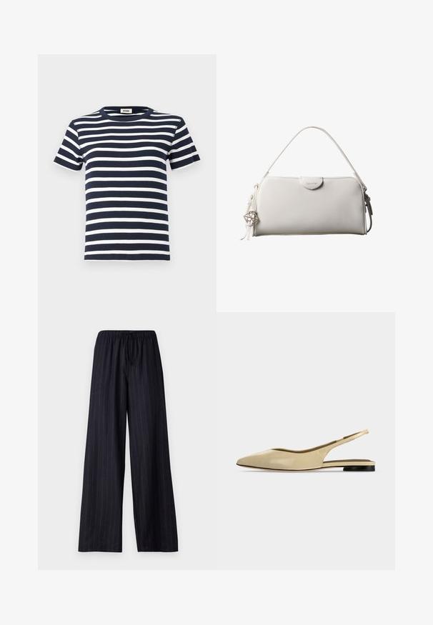 Marineblauwe en witte gestreepte t-shirt gemaakt van ribgebreid materiaal, met een ronde halslijn en korte mouwen. Het ontwerp benadrukt horizontale lijnen.; Zwarte pinstriped wijde broek met een elastische tailleband en aantrekkoord. Gemaakt van een soepele stof zonder zichtbare sluitingen of zakken.; Beige platte slingback schoen met puntige neus, lage zwarte hak en een glad leren afwerking, zijaanzicht op een effen achtergrond.; Witte rechthoekige Calvin Klein handtas met enkele handgreep, minimalistisch ontwerp en decoratieve kwastjes met geometrische metalen hanger aan de zijkant.