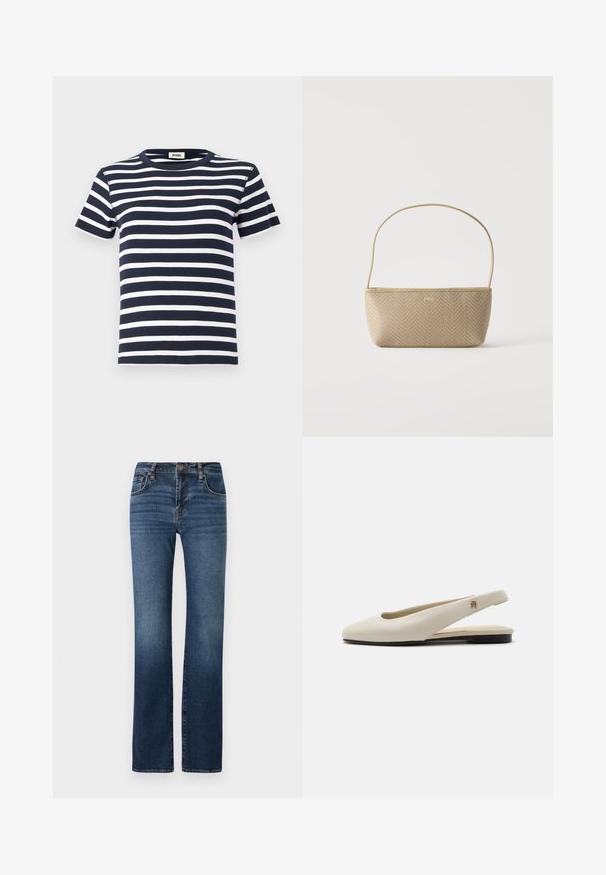 Mørkeblå og hvid stribet t-shirt lavet af ribbet stof, med en rund hals og korte ærmer. Designet fremhæver vandrette linjer.; Mørkeblå denim jeans med lige ben, høj talje, subtil falmning, fem lommer og metalknaplukning.; Flatsko i cremefarvet læder med rundet tå og lille guldemblem på remmen.; Beige flettet håndtaske med tynd skulderrem og lille guld "BOSS" logo foran, vist mod en ensfarvet hvid baggrund.