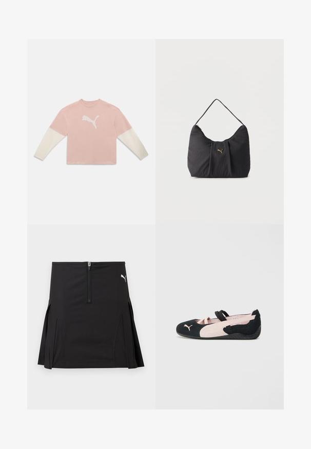 Chemise rose à manches longues avec manches blanches et grand logo blanc Puma centré sur la poitrine sur un fond uni.; Jupe de sport noire avec fermeture éclair à l'avant et plis latéraux, arborant un logo Puma blanc sur le côté supérieur droit.; Ballerines en suède noir et rose clair avec des sangles élastiques, un bout arrondi et une semelle en caoutchouc texturée, arborant un petit logo à l'avant.; Sac bandoulière noir texturé avec plis, une seule poignée, et un petit logo Puma doré centré sur le devant.