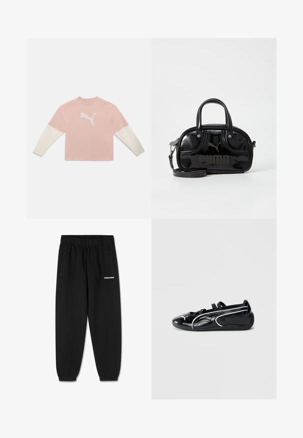 Roze shirt met lange mouwen, witte mouwen en groot wit Puma-logo in het midden van de borst tegen een effen achtergrond.; Zwarte sweatpants van zacht materiaal, met een verstelbare tailleband, taps toelopende benen en zijzakken. "PEGADOR" logo in het wit op de voorkant.; Zwart gepatineerd leren schoen met een lage profiel, voorzien van een ronde neus, zwarte elastische banden en witte accenten langs de zijkanten.; Zwarte lakleren handtas met dubbele handvatten aan de bovenkant, afneembare schouderriem, ronde vorm en opvallend gegraveerd "PUMA" logo.