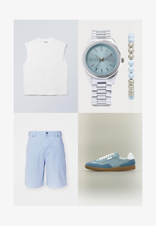 Haut blanc sans manches en coton à col rond avec épaules structurées, marqué "WEEKDAY" sur l'étiquette du col, présenté sur un fond gris clair.; Shorts bleu clair en coton. Comprend une fermeture à bouton, deux poches avant et une coupe droite avec ourlets roulés.; Baskets basses décontractées avec des panneaux en tissu bleu clair et bleu foncé, lacets blancs, languette de talon blanche et semelle en caoutchouc marron sur fond neutre.; Montre bracelet en métal argenté avec un cadran bleu clair et un bracelet assorti en perles argentées et bleues sur fond blanc.