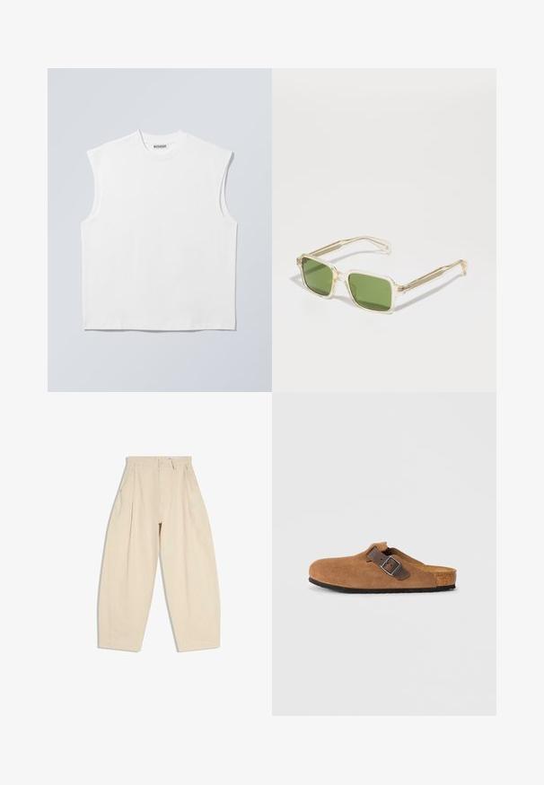 Wit mouwloos katoenen top met ronde hals en gestructureerde schouders, met het merk "WEEKDAY" op het label in de kraag, afgebeeld op een lichtgrijze achtergrond.; Beige, wijde broek met hoge taille, plooien, zijzakken, riemlussen en knoopsluiting aan de voorkant van de tailleband.; Bruine suede klompen met een verstelbare bruine leren band en zilveren gesp, voorzien van een gevormde kurken voetbed en een gestructureerde rubberen zool.; Transparante monturen met groene glazen, met een vierkante vorm en gedetailleerde gouden hardware accenten op de pootjes.