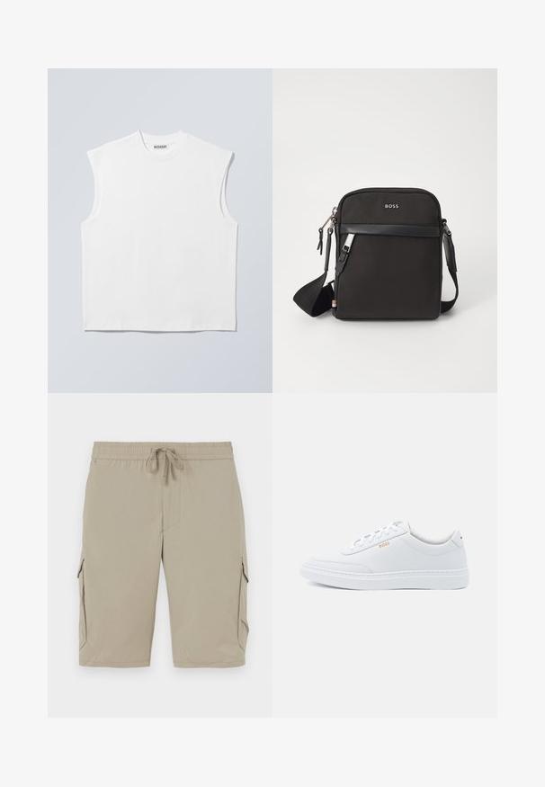 Wit mouwloos katoenen top met ronde hals en gestructureerde schouders, met het merk "WEEKDAY" op het label in de kraag, afgebeeld op een lichtgrijze achtergrond.; Beige cargoshorts met een elastische tailleband en een koord. Beschikt over zijzakken en een zachte, lichte stof.; Witte leren sneakers met een gladde textuur, ronde neus en tonale stiksels. Voorzien van blauwe veters en een gouden logo op de zijkant.; Zwarte schoudertas van textuurstof, met logo aan de voorkant, ritssluiting en verstelbare schouderband. Voorzien van een gladde leren rand.