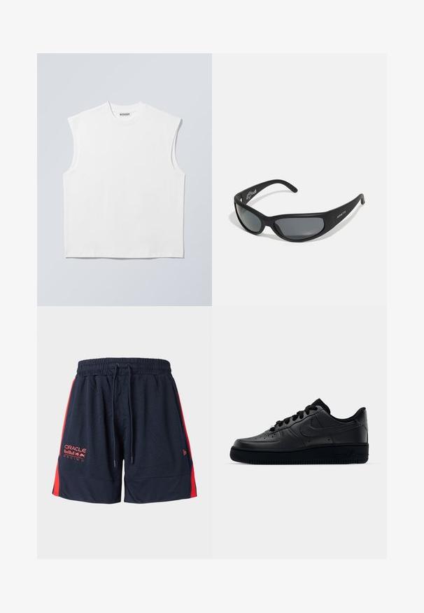 Weißes ärmelloses Baumwolltop mit Rundhalsausschnitt und strukturierten Schultern, mit "WEEKDAY" auf dem Kragenetikett versehen, vor hellgrauem Hintergrund dargestellt.; Marineblaues Mesh-Shorts mit roten Seitenpanelen. Mit elastischem Bund und Kordelzug. Enthält gesticktes Logo am linken Oberschenkel.; Schwarzer Nike Air Force 1 Schuh mit einem glatten Lederoberteil, perforierter Zehenpartie für Atmungsaktivität, schwarzen Schnürsenkeln und einer strukturierten Gummisohle.; Schwarze Sonnenbrille mit einem geschwungenen Rahmen und dunklen Gläsern. Sie verfügt über eine matte Oberfläche und den Markennamen "ARNETTE" an der Seite.