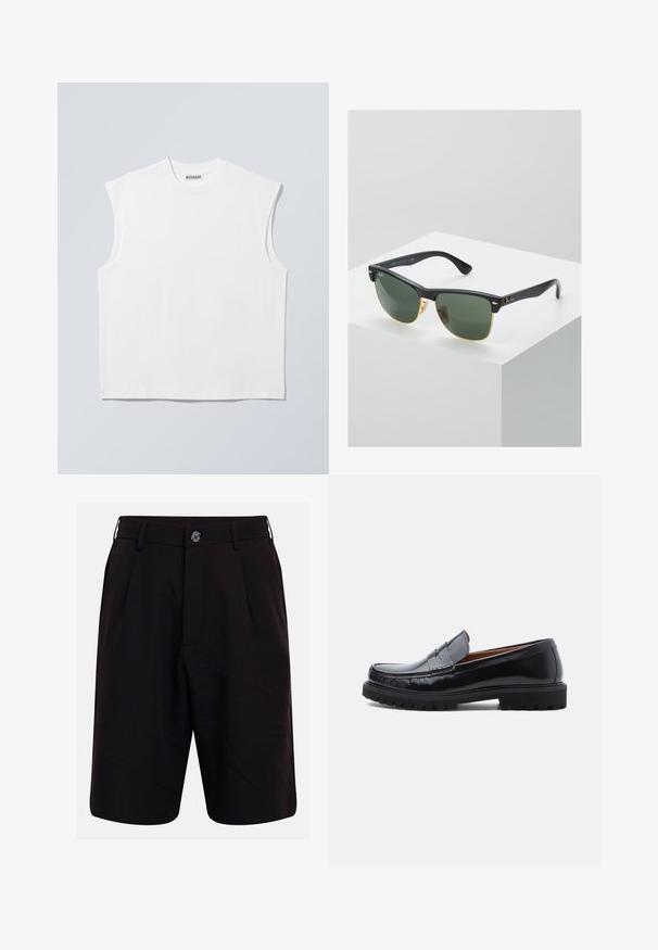 Haut blanc sans manches en coton à col rond avec épaules structurées, marqué "WEEKDAY" sur l'étiquette du col, présenté sur un fond gris clair.; Shorts noirs cintrés avec passants pour ceinture, fermeture à bouton à l'avant et poches latérales, présentés sur un fond uni.; Mocassin penny en cuir noir avec semelle en caoutchouc épaisse et couture moc toe, montré de profil sur un fond blanc.; Lunettes de soleil Ray-Ban avec des verres verts, monture en plastique noir et accents dorés sur les bords. Forme carrée avec une finition mate.