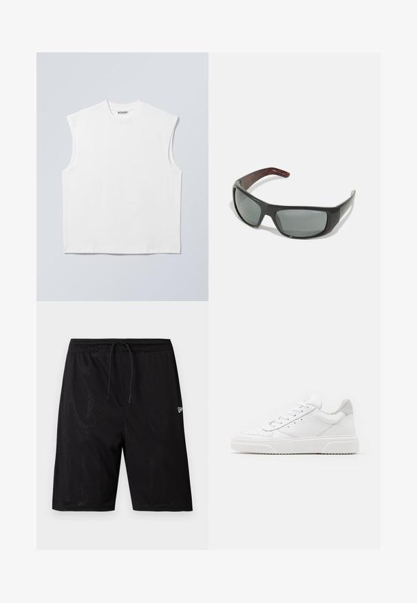 Weißes ärmelloses Baumwolltop mit Rundhalsausschnitt und strukturierten Schultern, mit "WEEKDAY" auf dem Kragenetikett versehen, vor hellgrauem Hintergrund dargestellt.; Schwarze Mesh-Sportshorts mit einem elastischen Bund und Kordelzug, ausgestattet mit einer perforierten Textur und einem kleinen weißen Logo auf der unteren rechten Seite.; Weiße Leder-Sneaker mit glatter Oberfläche, rundem Zehenbereich, flachen Schnürsenkeln und strukturiertem Schuhsohlen. Graues Wildleder-Detail an der Ferse.; Arnette HOT SHOT - Sonnenbrille - dark grey