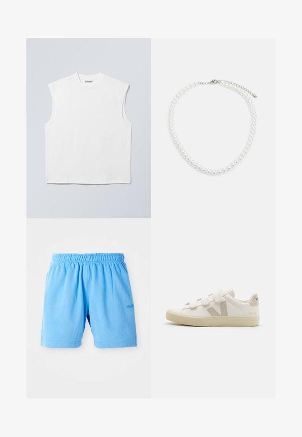 Weißes ärmelloses Baumwolltop mit Rundhalsausschnitt und strukturierten Schultern, mit "WEEKDAY" auf dem Kragenetikett versehen, vor hellgrauem Hintergrund dargestellt.; Helle blaue Baumwollshorts mit einem elastischen Bund, entworfen mit einer lockeren Passform. Mit doppelt genähten Säumen und einem kleinen Logo-Akzent.; Weiße Leder-Sneaker mit Klettverschlüssen, beigen Akzenten, runder Zehenform, strukturiertem Gummisohle und eingeprägtem Logo. Minimalistisches Design.; Weiße Perlenkette mit einheitlich runder Form, glatter Oberfläche und Metallverschluss mit Verlängerungskette für anpassbare Länge.