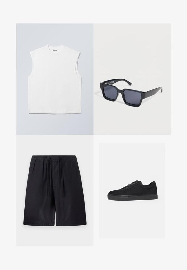 Haut blanc sans manches en coton à col rond avec épaules structurées, marqué "WEEKDAY" sur l'étiquette du col, présenté sur un fond gris clair.; Shorts noirs avec une taille élastique, dotés d'un cordon de serrage, de poches latérales et d'un tissu léger pour plus de confort. Coutures visibles.; Baskets basses noires avec fermeture à lacets à l'avant et semelle en caoutchouc plate, vues de profil sur fond blanc.; Lunettes de soleil rectangulaires noires avec des verres teintés foncés et des montures épaisses reposant sur une surface blanche.