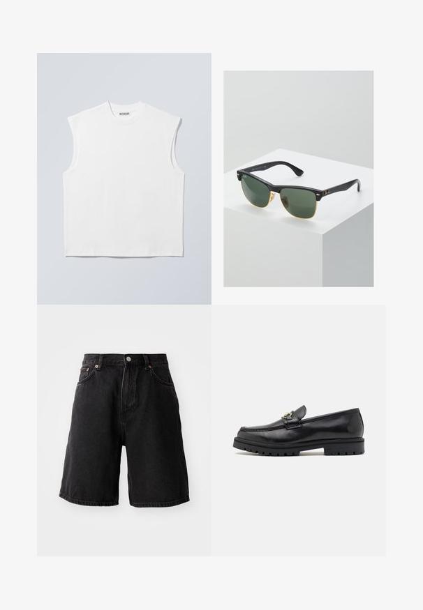 Haut blanc sans manches en coton à col rond avec épaules structurées, marqué "WEEKDAY" sur l'étiquette du col, présenté sur un fond gris clair.; Shorts en denim noir à coupe loose, avec des accessoires en cuivre, cinq poches et un ourlet droit. Le tissu a une surface douce et texturée.; Mocassins en cuir noir avec une finition lisse, bout rond, une sangle décorative avec des accessoires en or, et une semelle noire robuste.; Lunettes de soleil Ray-Ban avec des verres verts, monture en plastique noir et accents dorés sur les bords. Forme carrée avec une finition mate.
