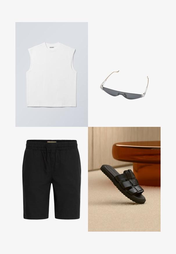 Haut blanc sans manches en coton à col rond avec épaules structurées, marqué "WEEKDAY" sur l'étiquette du col, présenté sur un fond gris clair.; Shorts noirs en tissu léger, dotés d'une taille élastique avec cordon de serrage et de poches latérales pour plus de commodité.; Sandale slide en cuir noir avec larges brides et semelle rainurée sur tapis beige près d'une table basse ronde marron.; Lunettes de soleil fines et rectangulaires à verres teintés foncés, charnières en plastique transparent et branches fines beige courbées aux extrémités.