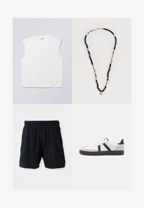 Weißes ärmelloses Baumwolltop mit Rundhalsausschnitt und strukturierten Schultern, mit "WEEKDAY" auf dem Kragenetikett versehen, vor hellgrauem Hintergrund dargestellt.; Schwarze Sportshorts aus weichem Stoff, mit einem elastischen Bund und zwei seitlichen Taschen für zusätzlichen Komfort.; Weiße Sneaker mit schwarz- und grau-aczenten, ausgestattet mit einer strukturierten grauen Zehenkappe, schwarzer Gummi-Sohle und flachen weißen Schnürsenkeln. Sauberes Design, minimalistische Stil.; Halskette mit abwechselnden schwarzen und mehrfarbigen Perlen, kleinen Silberringen und einem rechteckigen klaren Perlenanhänger.