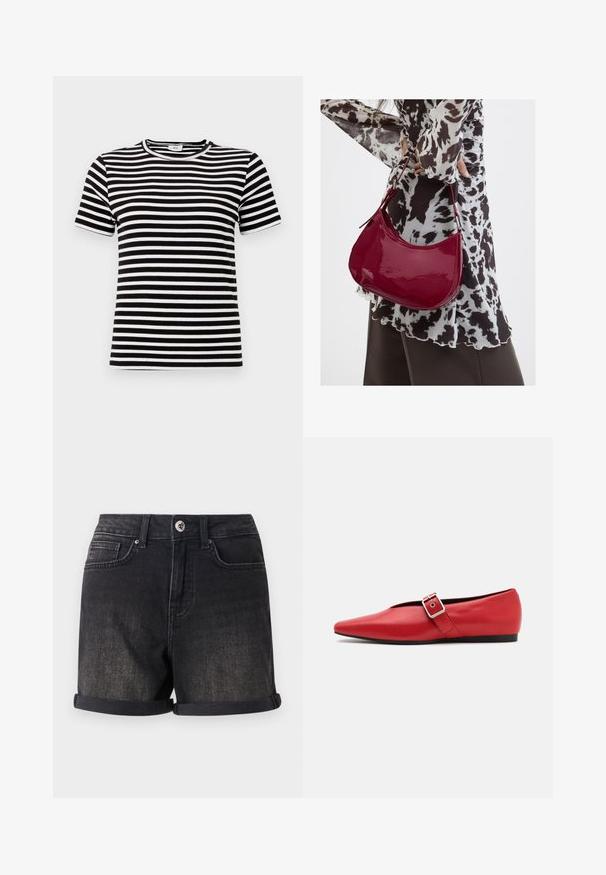 T-shirt à manches courtes noir et blanc à rayures, avec une texture côtelée et un col rond. Les rayures sont uniformément espacées sur le tissu.; Shorts en denim noir avec un ourlet roulé, un design à cinq poches et une fermeture à bouton à l'avant. Le tissu a une finition légèrement délavée.; Ballerine en cuir rouge avec une pointe pointue, comportant une lanière sur le côté avec une boucle en métal et un petit talon noir. Texture lisse sur l'ensemble.; Femme portant un chemisier à motif noir et blanc tenant un sac à main rouge brillant sur un fond uni.