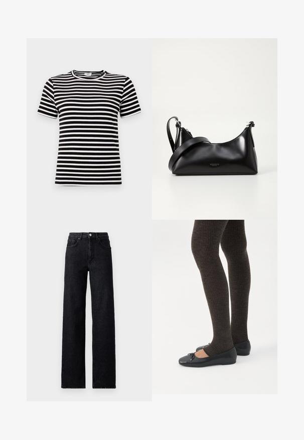Sort-hvid stribet kortærmet t-shirt med en ribbet tekstur og rund halsudskæring. Striberne er jævnt fordelt over stoffet.; Højtaljede sorte denim jeans med knap- og lynlåslukning, for- og baglommer samt lige ben.; Ben iført mørke ribbede leggings kombineret med sorte balletsko med små sløjfedetaljer på hvid baggrund.; Sort læderhåndtaske med en glat tekstur. Har en justerbar stropp og et enkelt, minimalistisk design med lynlås.