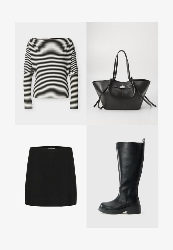 Top de manga larga con rayas horizontales en blanco y negro, escote de barco y mangas ajustadas sobre un fondo liso.; Minifalda negra hecha de un tejido texturizado, con un corte simple y recto, sin adornos ni patrones visibles.; Bota alta de cuero negro con una lengüeta en la parte superior, puntera redondeada y tacón bajo y grueso, sobre un fondo blanco liso.; Bolsa tote de cuero negro con una forma triangular amplia. Presenta un cierre metálico elegante, asas largas y una textura suave.