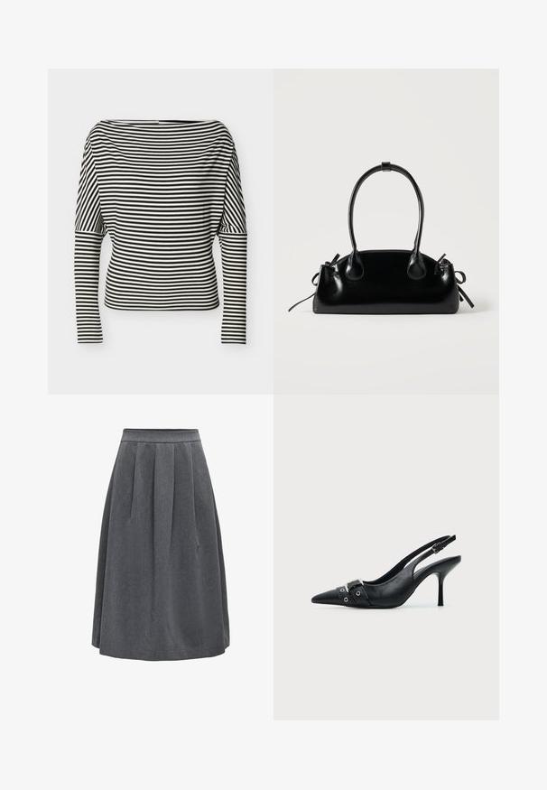 Haut à rayures horizontales noires et blanches, manches longues, encolure bateau et manches ajustées sur un fond uni.; Jupe plissée gris foncé de longueur moyenne avec une taille ajustée, conçue pour un usage décontracté ou professionnel.; Escarpin slingback à talon haut en cuir noir avec bout pointu, boucle et détail de bride œillet à l'avant.; Petit sac à main noir brillant avec deux longues anses et des détails à cordon sur les côtés sur un fond clair uni.