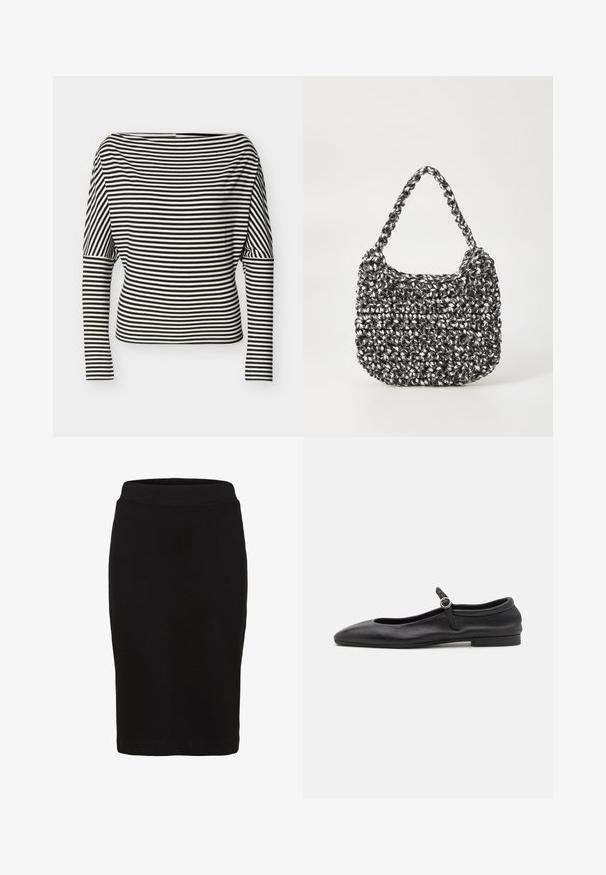 Sort-hvid, vandret striped langærmet top med bådudskæring og tætsiddende ærmer på en ensfarvet baggrund.; Sort knælang pencilskørt med en tætsiddende linning og glat stof, vist mod en hvid baggrund.; Sorte læder balletflade med en rund tå, smal vamp og en lille ankelrem med en cirkulær spænde. Lav, flad sål.; Vævet håndtaske i sort og hvid med en rund form, tekstureret overflade og et fletet håndtag. Velegnet til afslappet brug.