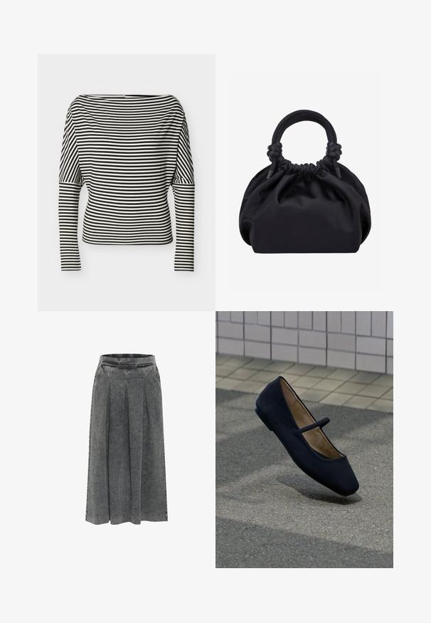 Sort-hvid, vandret striped langærmet top med bådudskæring og tætsiddende ærmer på en ensfarvet baggrund.; Grå denimnederdel med plisseringer, elastisk talje, knælang og en tekstureret overflade. Simpelt design uden synlige mønstre eller dekorationer.; Sort Mary Jane flad sko med en enkelt rem, vist flydende over en brolagt overflade og flisebelagt væg i baggrunden.; Sort blød stofhåndtaske med samlet top og cirkulære polstrede håndtag bundet med knuder på hver side.