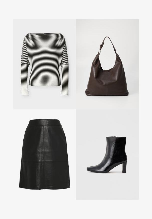 Zwart-wit horizontaal gestreept shirt met lange mouwen, boothals en aansluitende mouwen op een effen achtergrond.; Zwarte A-lijn rok van imitatieleren met hoge taille en zichtbare naaddetails aan de voorkant en bij de zoom.; Zwarte enkellaars gemaakt van glanzend leer, met een puntige neus en een gemiddelde blokhak, voorzien van een gladde textuur en een eenvoudig ontwerp.; Zign LEATHER - Shopper - chocolate brown