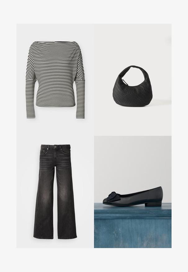 Haut à rayures horizontales noires et blanches, manches longues, encolure bateau et manches ajustées sur un fond uni.; Jeans en denim noir à jambes larges avec détails délavés, design à cinq poches, fermeture par bouton et fermeture éclair.; Ballerines en cuir noir avec un bout arrondi, dotées d'un cap en cuir verni et d'un accent de nœud en tissu à l'avant. Talon bas et robuste.; Sac à main en cuir tressé noir avec une poignée courbée et un corps en forme de croissant, présenté sur un fond blanc uni.