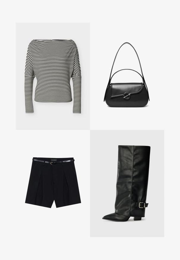 Top de manga larga con rayas horizontales en blanco y negro, escote de barco y mangas ajustadas sobre un fondo liso.; Shorts negros a medida con pliegues, que cuentan con un cinturón negro delgado con hebilla dorada. Elaborados en un tejido suave, ofrecen un aspecto pulido.; Botas de cuero negro hasta el tobillo con punta afilada, textura suave y un detalle de hebilla plateada en el lado. Tacón cuadrado grueso.; Bolso de hombro de cuero negro con una solapa curva asegurada por un broche metálico redondo y una correa delgada y ajustable.