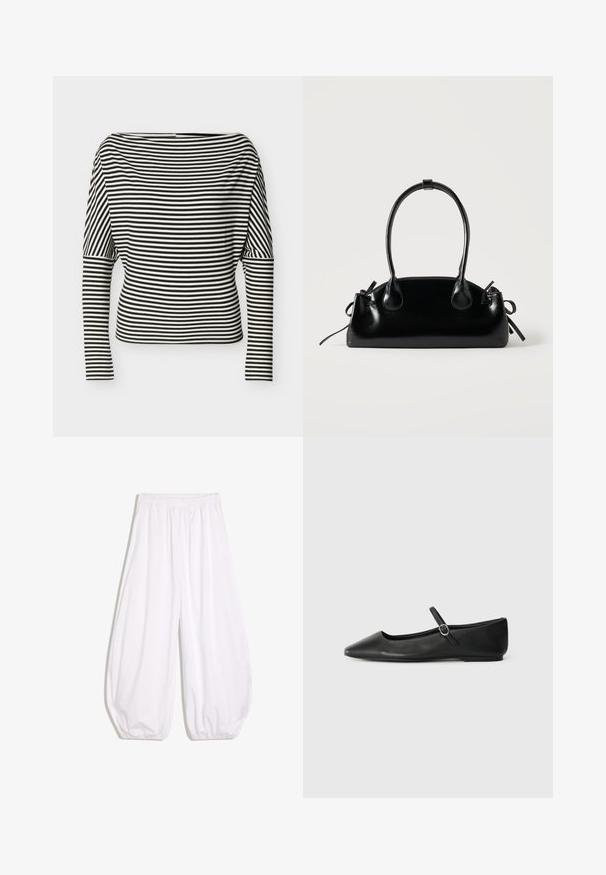 Haut à rayures horizontales noires et blanches, manches longues, encolure bateau et manches ajustées sur un fond uni.; Pantalon blanc ample avec taille élastique et poignets élastiqués, fabriqué en tissu léger.; Ballerines en cuir noir avec un bout pointu, une semelle plate et une petite sangle à boucle autour de la cheville pour un maintien sécurisé.; Petit sac à main noir brillant avec deux longues anses et des détails à cordon sur les côtés sur un fond clair uni.