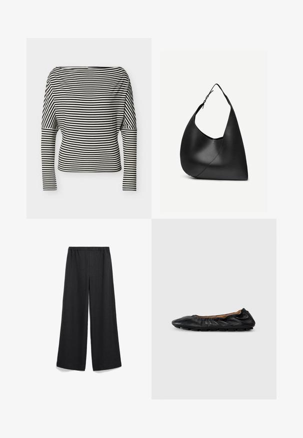 Zwart-wit horizontaal gestreept shirt met lange mouwen, boothals en aansluitende mouwen op een effen achtergrond.; Ruime zwarte broek met een elastische tailleband. Gemaakt van lichte stof, met een zachte textuur en zonder zichtbare patronen of accenten.; Zwarte leren balletschoenen met geplooid detail bij de kraag, ronde neus en flexibele rubberen zool. Gladde textuur overal.; Zwarte leren schoudertas met gebogen driehoekige vorm, enkele verstelbare riem en zichtbare diagonale naad aan de voorkant.