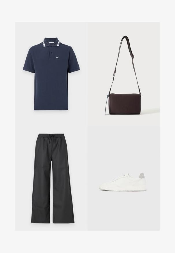 Marineblauw poloshirt van katoen, met een drieknopensluiting, witte gestreepte kraag en een klein wit logo op de borst.; Han Kjøbenhavn RELAXED TRACK TROUSERS - Broek - black; Witte lage sneaker met grijze hielpatch, witte veters en een gestructureerde zool, gepresenteerd op een effen lichte achtergrond.; Donkerbruine gestructureerde leren crossbodytas met verstelbare riem en klein decoratief blauw accent aan de zijkant.