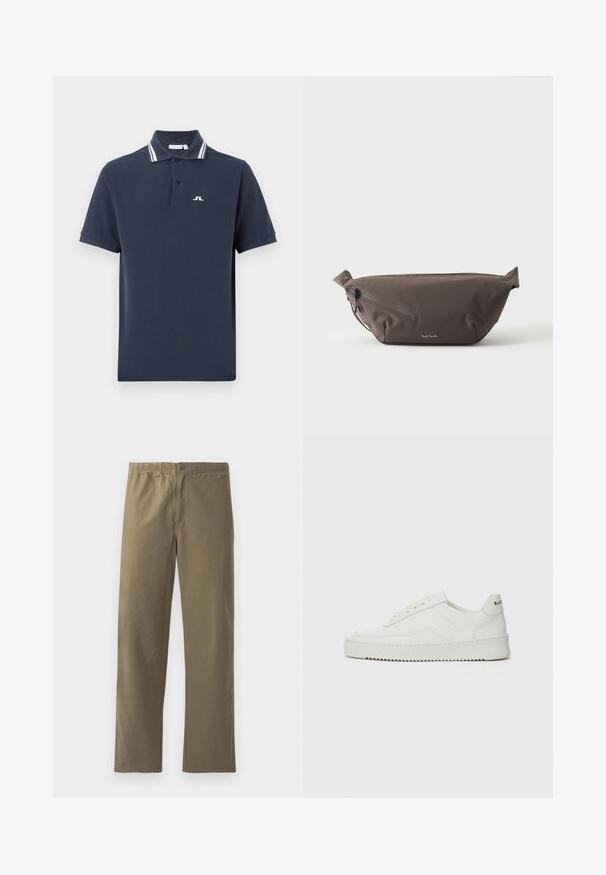 Tumesinist puuvillast polo-särk, millel on kolme nupuga plastron, valge triibuline krae ja väike valge logo rinnal.; Kergest kangast khaki püksid. Omavad elastset vööd, nupuga sulgemist, sirgeid jalgu ja siledat tekstuuri.; Valge nahast tennis, millel on sile põhi, ümar varvas, lamedad nöörid ja tekstuuriline tall. Sisaldab diskreetset logo kontsaribal.; Tumepruun kangast vöökott diagonaalse tõmblukuga tasku ja esi küljel oleva väikese valge logoga, heleda ühevärvilise taustaga.