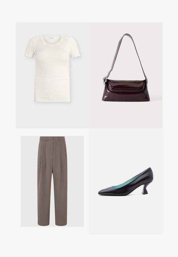 Top blanco de manga corta con costillas, escote cuadrado con borde de encaje y detalle de ligero volante en los puños, talla pequeña.; Pantalones plisados marrones de cintura alta, con un tejido elegante, diseño de pierna ancha y bolsillos laterales, que cuentan con una textura suave y ligera.; Zapato de tacón bajo de cuero negro con punta puntiaguda, tacón grueso de forma única y forro interior azul claro, mostrado sobre un fondo blanco liso.; Bolso bandolera de cuero burdeos oscuro con cierre de solapa y una correa ajustable delgada, exhibido sobre un fondo claro y liso.