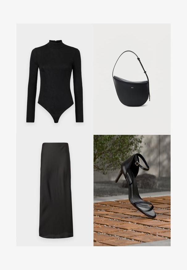 Schwarzer Langarm-Bodysuit mit hohem Hals und subtiler Textur. Verfügt über einen Reißverschluss hinten und ein Tanga-Design.; Schwarzer Maxirock aus glattem, leichtem Stoff. Verfügt über eine gerade Silhouette mit einem elastischen Bund und ohne sichtbare Muster oder Verzierungen.; Schwarze Sandalette mit hohem Absatz und Knöchelriemen schwebt über einem Holzboden im Freien vor verschwommenem Grün und Steinhintergrund.; Schwarze halbmondförmige Lederschultertasche mit verstellbarem Schulterriemen und goldenem "BOSS"-Logo mittig vorne.
