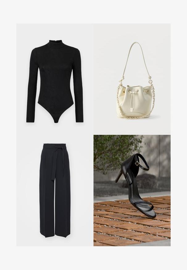 Sort langærmet bodystocking med høj hals og subtil tekstur. Har en lynlås bagpå og en thong-bunddesign.; Vide sorte bukser lavet af blød stof. Har en bælteholdbar talje og frontfolder. Glat tekstur med et rent, moderne design.; Sort højhælet sandal med ankelsnor, der ser ud til at svæve over et trægulv udendørs med sløret grønt og sten i baggrunden.; Hvid læder bucket-taske med snørelukning, flettet kæde og læder skulderrem samt guldfarvede øjer.