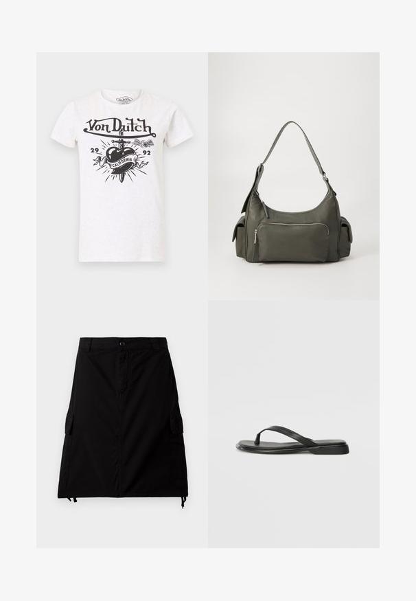 Camiseta blanca de manga corta con logo negro de Von Dutch, un corazón atravesado por una daga, una pancarta con la palabra "California", los números "29" y "92", y un gráfico de un ojo con alas.; Falda cargo negra hecha de una mezcla de algodón con corte recto, que cuenta con bolsillos laterales, cierre frontal con botones y dobladillo ajustable con cordón.; Chancla negra de piel suave, con un diseño de tira delgada y una suela plana de perfil mínimo. Sin patrones ni acentos notables.; Bolso de hombro de cuero verde con un diseño curvado, bolsillo con cremallera en la parte frontal y bolsillos adicionales en los laterales. Textura suave y hardware minimalista.