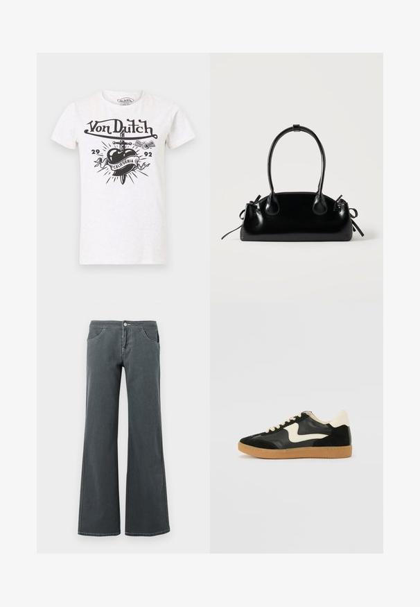 Hvid T-shirt med korte ærmer med sort Von Dutch-logo, et hjerte, der er gennemboret af en dolk, banneret "California", numrene "29" og "92" samt en grafik af et bevinget øje.; Grå jeans med vidde, lavet af denim med en glat tekstur. Funktioner inkluderer en knaplukning, bælteløkker og forlommer.; Sorte ruskinds- og lædersneakers med en cremefarvet side-swoosh og lys cremefarvet hæl. Har beige snørebånd og en gummirubber-sål.; Lille sort blank håndtaske med to lange håndtag og snøre-detaljer i siden på en ensfarvet lys baggrund.
