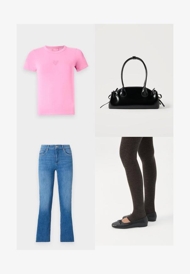 T-shirt rose à manches courtes en coton doux. Présente un petit design de cœur brodé sur la poitrine. Style col rond classique.; Jeans en denim bleu avec une jambe évasée, dotés d'une taille mi-haute, de cinq poches et d'une fermeture à bouton argent classique. Texture lisse.; Jambes portant des leggings côtelés foncés associés à des ballerines noires avec de petits détails en nœud sur fond blanc.; Petit sac à main noir brillant avec deux longues anses et des détails à cordon sur les côtés sur un fond clair uni.