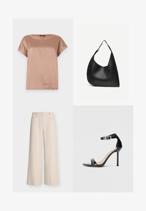 Blouse en satin marron clair à manches courtes, col rond, coupe décontractée et légère brillance sur fond uni.; Pantalon beige à jambes larges avec poches avant, passants de ceinture et devant plat, présenté sur un fond clair uni.; Sandale à talon haut en cuir verni noir avec bride à la cheville. Présente un design minimaliste, un bout ouvert et une boucle ornée de strass.; Sac à épaule en cuir noir avec forme triangulaire incurvée, une seule sangle ajustable, et une couture diagonale visible à l'avant.