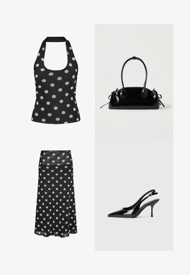 Schwarzes Neckholder-Top mit Rundhalsausschnitt, mit weißem Polka-Dot-Muster auf dem gesamten Stoff.; Schwarzer Midirock mit weißen Polka-Dots und einem breiten Bund aus Meshstoff.; Schwarze Lackleder Slingback-Pumps mit einer spitzen Zehe und schlankem Absatz. Mit einem verstellbaren Schnallenriemen hinten. Glatte Textur.; Kleine schwarze glänzende Handtasche mit zwei langen Griffen und seitlichen Kordelzug-Details vor einfachem hellem Hintergrund.