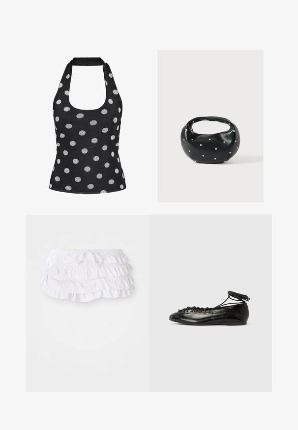 Sort halter-top med scoop-udskæring, med hvidt polkaprik-mønster på hele stoffet.; Hvid rynket svømmedragt med flere lag, der har en justerbar snøre i taljen. Blødt stof med en glat tekstur.; Sorte balletflade sko i laklæder med rundet tå, snørelukning og flad sål. Glat tekstur med få detaljer.; Sort læderhåndtaske med en rundet form, dekoreret med sølvnitter, og et kort håndtag. Glat tekstur og lynlåslukning.