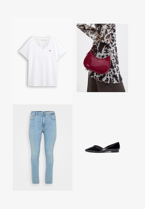 Hvid bomulds T-shirt med V-hals og korte ærmer. Har en lille rød logo på venstre bryst. Blød tekstur og afslappet pasform.; Lyseblå denimjeans med slim fit, der har fem lommer, bæltestropper og en standard lynlås med knaplukning.; Sorte patentlæder flade sko med spids tå, V-formet overdel, slank flad hæl og glat tekstur. Minimalistisk design uden synligt tilbehør.; Kvinde iført en sort- og hvidmønstret bluse, der holder en blank rød skuldertaske mod en ensfarvet baggrund.